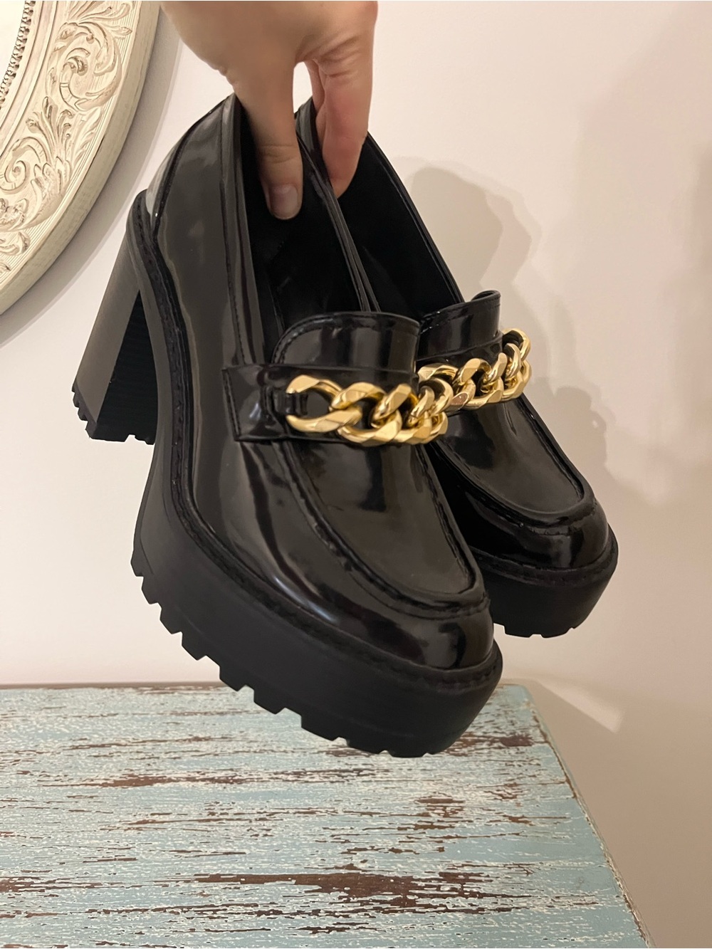 Madden Girl Black Patent Platform Loafers with Gold Chain